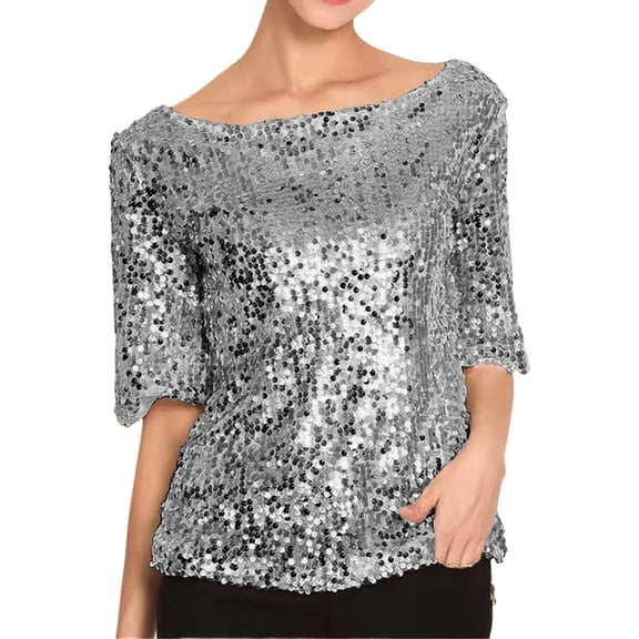 Sparkling Sequined Half Sleeve Blouse Breathable Party Wear Nightclub Shimmering Round Neck T-Shirt Top for Ladies