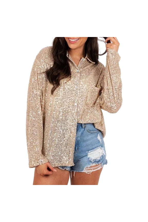 Sparkling Sequined Long Sleeve Blouse Party Wear Nightclub Shimmering Button Down Lapel Collared Shirt Top for Ladies