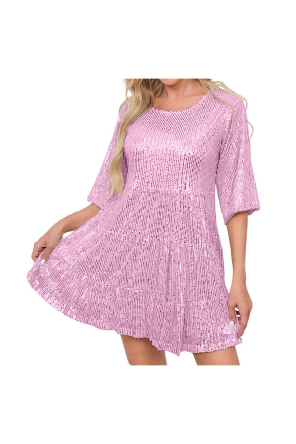 Sparkling Sequined Short Sleeve Mini Dress - Loose Waist, Solid Color, Party/Gala Wear, Machine Washable - S-XXL Sizes