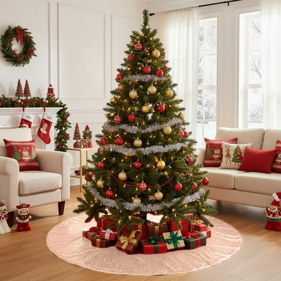 Sparkling Sequins Christmas Tree Skirt - 21x21 Inch Round Non-Slip Tree Mat, Holiday Decor Rug, Pink Xmas Floor Covering for Living Room Bedroom