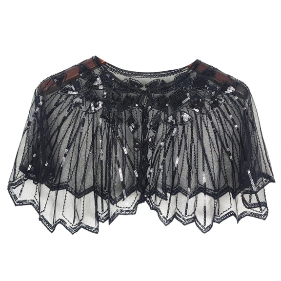Sparkling Sequins Embellished Mesh Shawl Openwork Capelet With Beaded Detailing For Evening Party Bridal Accessory