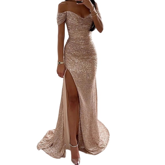 Sparkling Sequins Slit Cocktail Dress Elegant Pleated Long Gowns for Women Parties and Prom Night