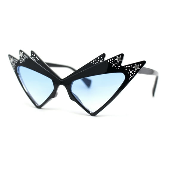 Sparkling Show Girl Silver Foil Bling Glitz Triangle Cat Eye Plastic Sunglasses Black - Blue