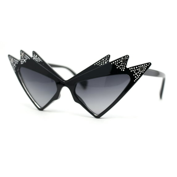 Sparkling Show Girl Silver Foil Bling Glitz Triangle Cat Eye Plastic Sunglasses Black - Smoke