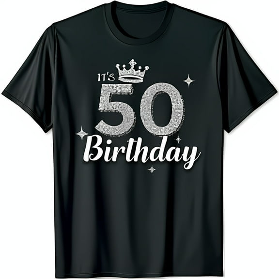 Sparkling Silver 50 Birthday T-Shirt with Crown & Stars for 50th Celebration