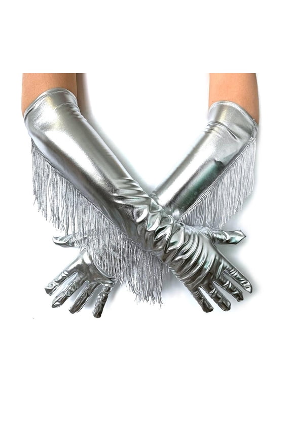 Sparkling Silver Gloves with Fringed Design Perfect For Women Stage Performances and 1920S Cocktail Parties Dressingup
