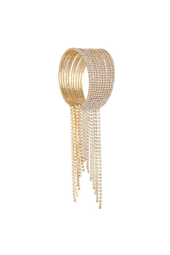 Sparkling Silver/Gold Rhinestone Crystal Tassels Charm Adjustable Wide Cuff Bracelet for Women Wedding Jewelry Formal Party