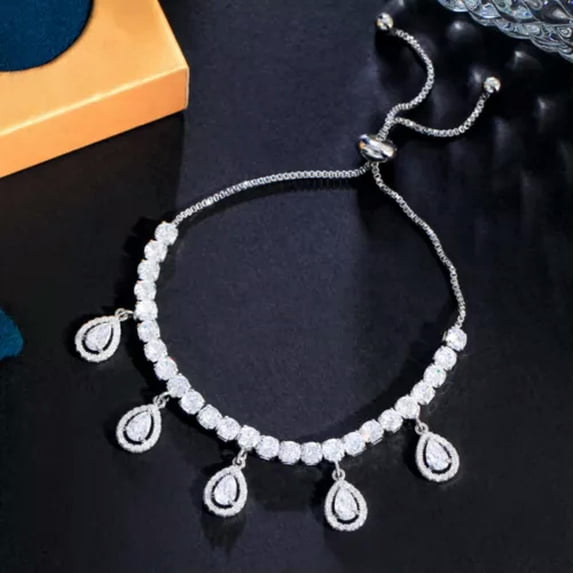 Sparkling Silver Plated Cubic Zirconia Drop Charm Round Tennis Chain CZ Bracelet