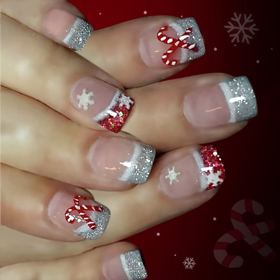 Sparkling Snowflake Cane French Tip Glittering Press OnNails Short Square Matte Holiday Party Fake Nails Easy Application