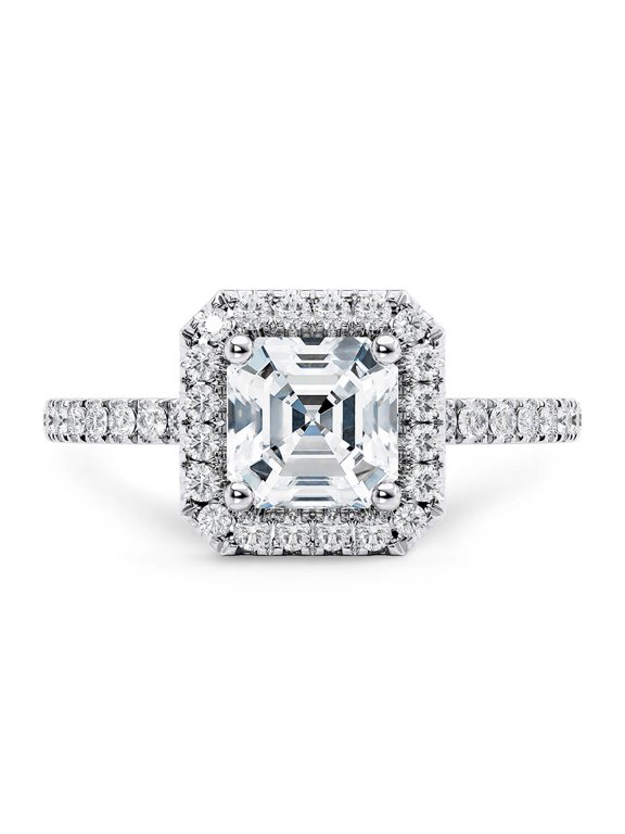 Classic 1.5 Ct Asscher Cut Hidden Halo Diamond Ring with Round castle-set diamonds in 925 Silver for Women