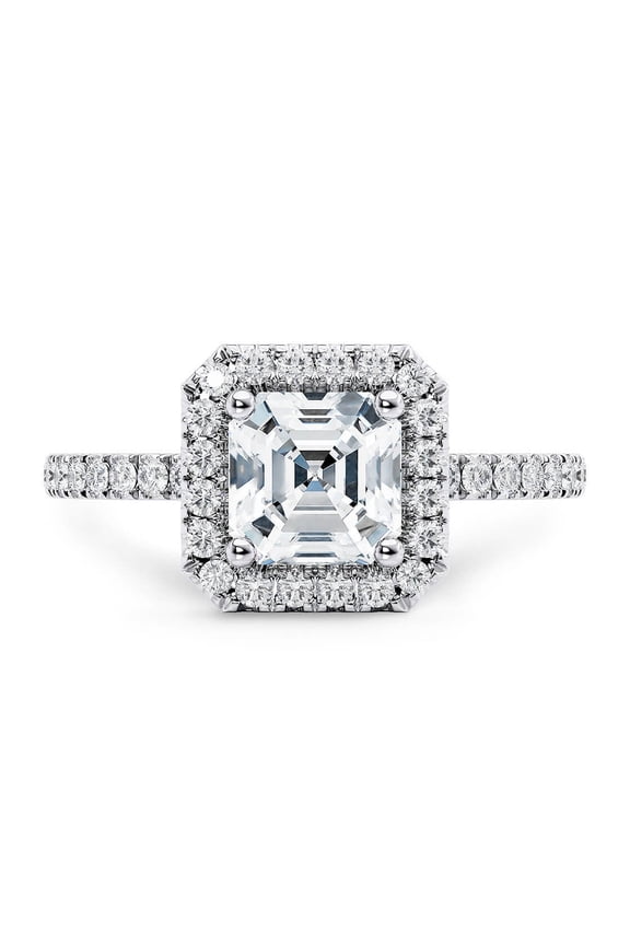 Classic 1.5 Ct Asscher Cut Hidden Halo Diamond Ring with Round castle-set diamonds in 925 Silver for Women