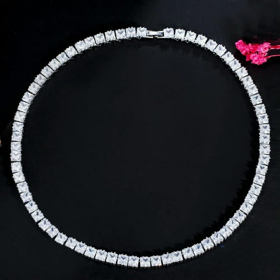 Sparkling Square Cut CZ Bridal Prom Choker Necklace White Gold Plated White Gift