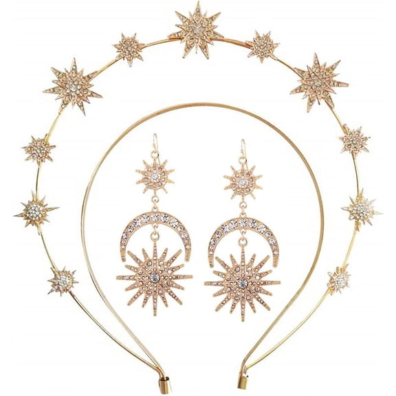 Sparkling Star Halo Crown Headband Alloy Goddess Bridal Headpiece with Earrings for Womens Weddings Cosplay & Festive Events-GOLD