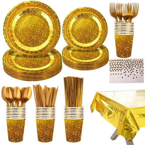 Sparkling Star Patterned Disposable Tableware Set, 201 Pieces, Tablecloths, Cutlery, Napkins, Cups, Straws, Plates for Parties, Birthdays, Graduations, Kids Events. 25Guest (Gold) Y102