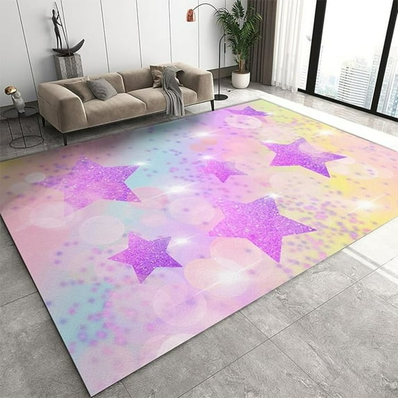 Sparkling Star Print Area Rug, Purple Sparkling Stars Indoor Non Slip Kids Rugs, Low Pile Soft Machine Washable Carpet For Living Room Bedroom Children's Room Dormitory Floor Mat 5x6ft