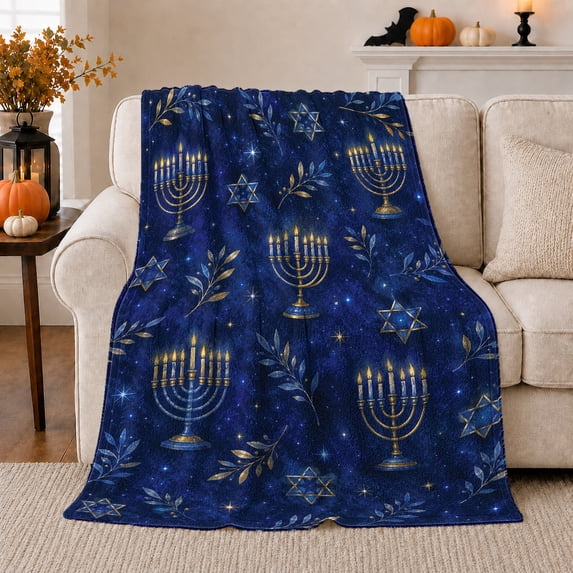 Sparkling Starry Night Golden Menorah Star Of David, Festive Holiday Scene, Warm Flannel Blanket for Living Room and Reading Nook, Art Lovers Friendship Gift, Festive Home Decor