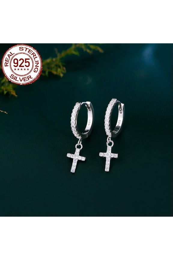 Sparkling Sterling Silver 925 CZ White Cross Dangle Drop Huggie Hoop Earrings