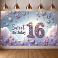 thumbnail image 1 of Sparkling Sweet 16 Banner Floral Design 16th Birthday Display Purple Pink Butterfly Accent Birthday Backdrop for Sweet 16 Party Teenage Birthday Photo Shoot, 1 of 9