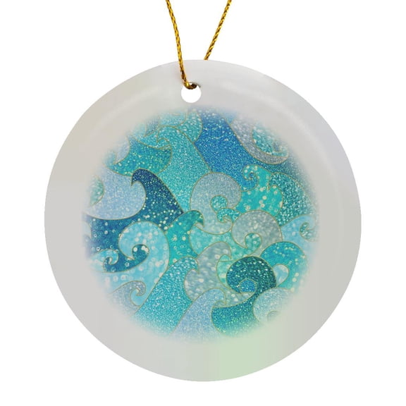3drose, Sparkling Teal Glitter Crystal Waves Pattern, Circle Porcelain Ornament