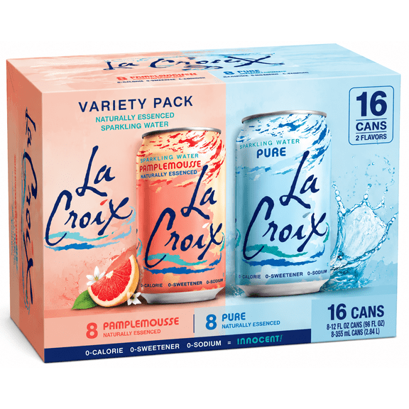 Sparkling Water Variety Pack, Pure & LaCroix Grapefruit (Pamplemousse), 12 fl oz Cans, 16-Pack