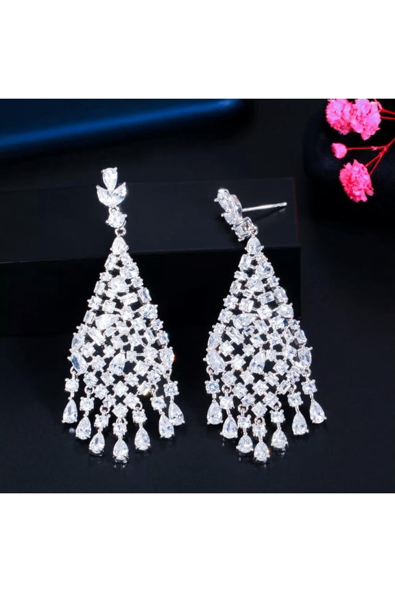 Sparkling White CZ Crystal Long Tennis Tassel Dangle Drop Earring for Women Prom