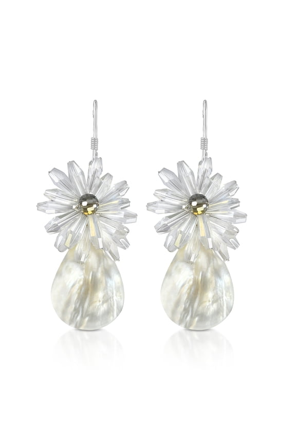Sparkling White Crystal Cluster with a Teardrop Seashell Dangle Earrings