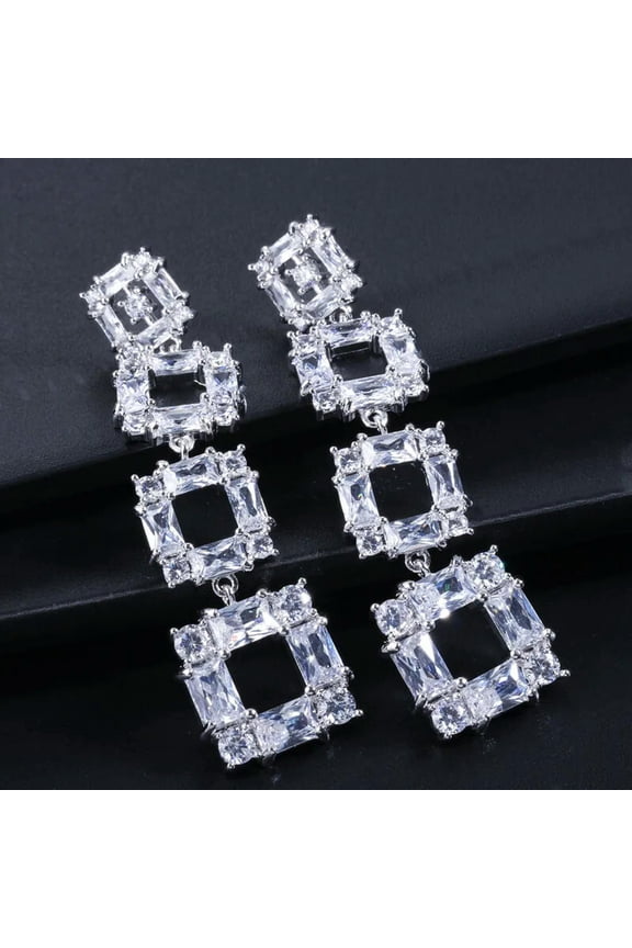 Sparkling White Cubic Zircon CZ Amerian Crystal Long Square Drop Dangle Earrings
