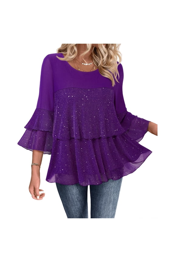 Sparkling Womens 3/4 Sleeve Ruffle Blouse Top Elegant Evening Dressy Flowy Tunic Shirt for Party Cocktail Wedding Guest Holiday Gift | CSEONE,Purple XL