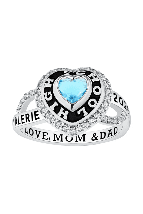 Custom Blue Heart Cut Class Ring with Personalized Text for Women in 925 Sterling Silver