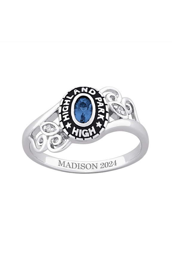 Custom Blue Oval Cut Center Stone With Personalized Text Class Ring For Women in 925 Sterling Silver