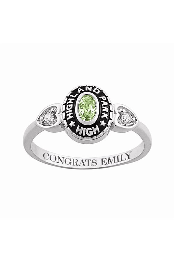 Custom Light Green Oval Cut With Personalized Text Graduation Ring For Women in 925 Sterling Silver