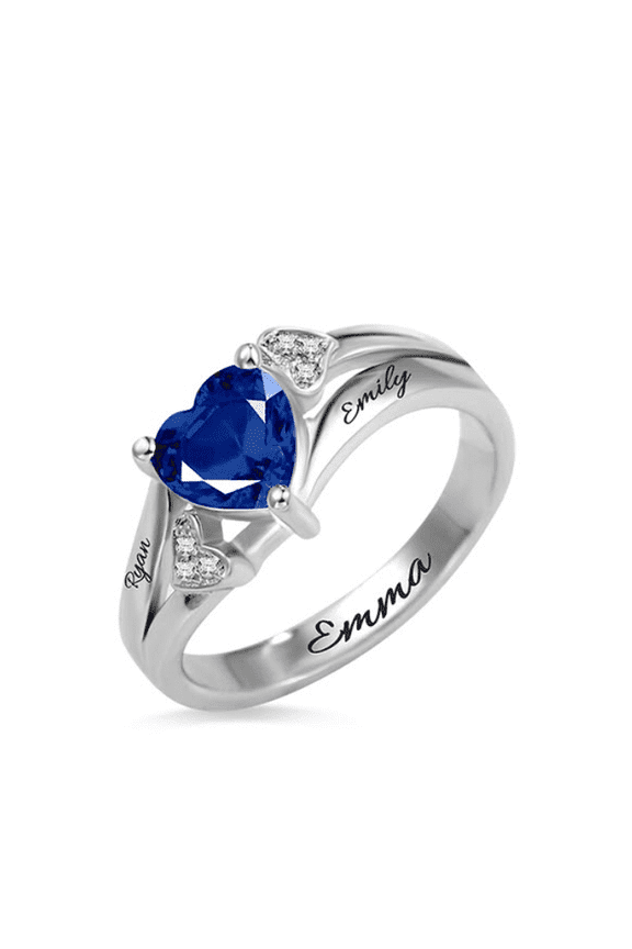 Custom Name Dark Blue Heart Anniversary Ring Set for Women in 925 Sterling Silver