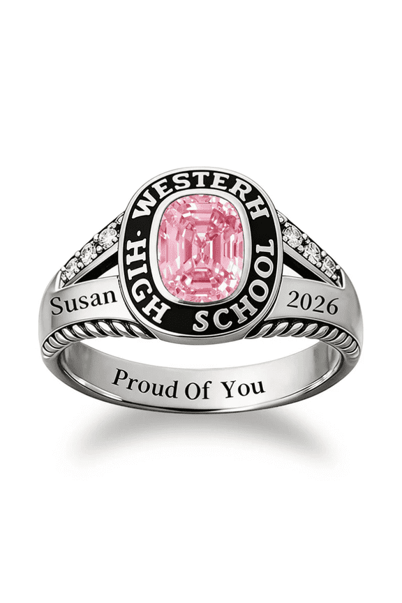 Custom Pink Cushion Cut Class Ring with Personalized Text for Women in 925 Sterling Silver