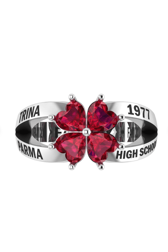 Custom Red Four Heart Cut Flowe Shape Class Ring with Personalized Text for Women in 925 Sterling Silver