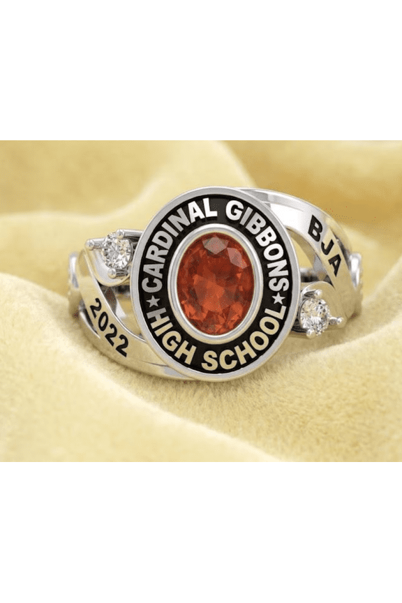 Custom Red Oval Cut Class Ring with Personalized Text for Women in 925 Sterling Silver