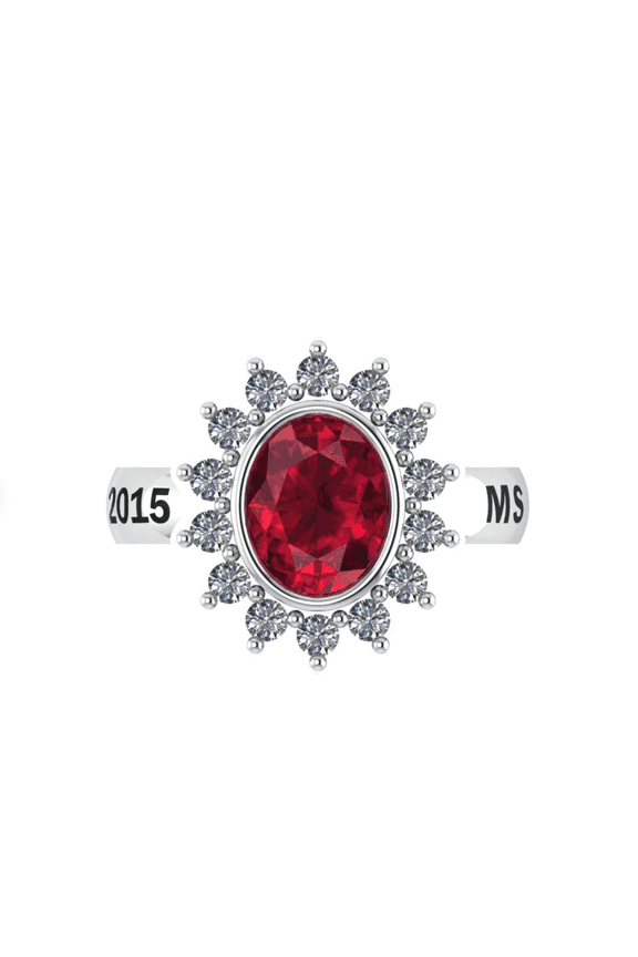 Custom Red Oval Cut Class Ring with Personalized Text for Women in 925 Sterling Silver