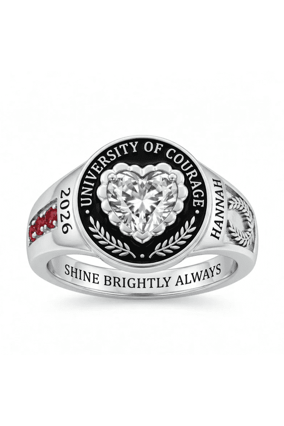 Custom White Heart Cut Class Ring with Personalized Text for Women in 925 Sterling Silver