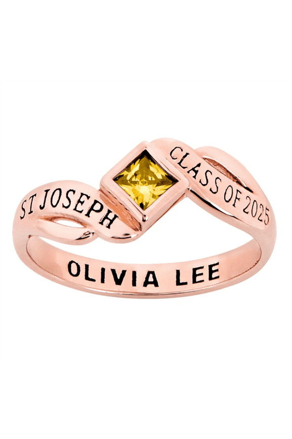 Custom Yellow Princess Cut With Personalized Text and Birthstone Class Ring For Women in 925 Sterling Silver
