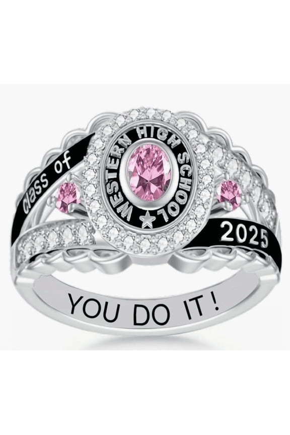 Customizable High School Class Ring with Pink Oval Cut Stone for Women in 925 Sterling Silver