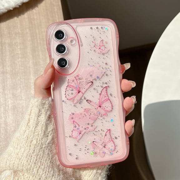 Sparkly 3D Butterfly Case For Samsung Galaxy S22 Plus, Aesthetic Curly Wavy Design Clear Glitter Protective Cover, Slim Fit Shockproof TPU Bumper Case for Women Girls, Fashionable Style,Pink