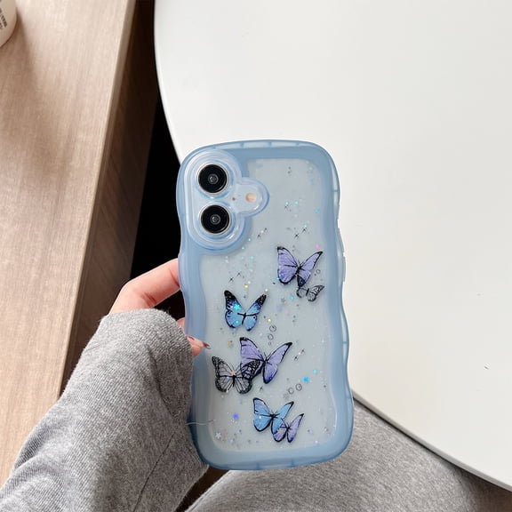 Sparkly 3D Butterfly Case For iPhone 16 Plus, Aesthetic Curly Wavy Design Clear Glitter Protective Cover, Slim Fit Shockproof TPU Bumper Case for Women Girls, Fashionable Style,Blue