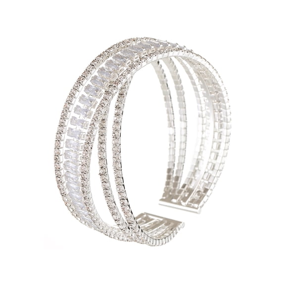 Sparkly 6 Rows Cross Rhinestone Crystal Multi-layer Cuff Bangle Bracelet for Women Costume Jewelry Formal Wedding Party