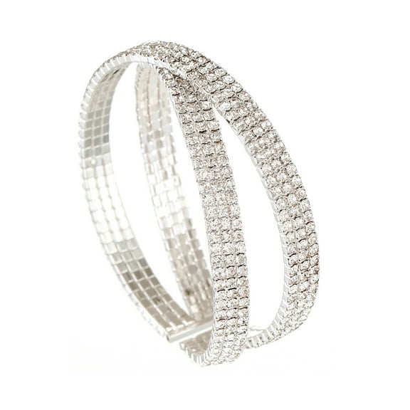 Sparkly 6 Rows Cross Rhinestone Crystal Multi-layer Cuff Bangle Bracelet for Women Costume Jewelry Formal Wedding Party