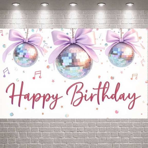 Sparkly  Banner Disco Ball Birthday Party Display Purple Bow Star Pattern Disco Ball Backdrop for Birthday Party Indoor Celebration Photo Backdrop