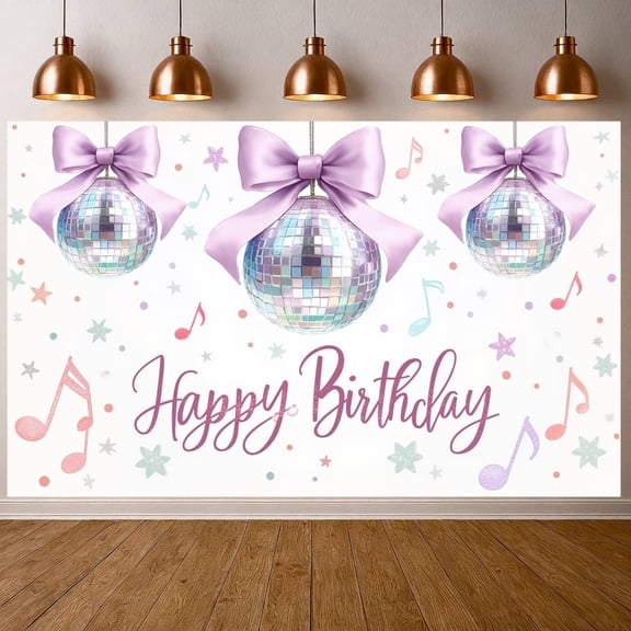 Sparkly Banner Disco Ball Birthday Party Display Purple Bow Star Pattern Disco Ball Backdrop for Birthday Party Indoor Celebration Photo Backdrop