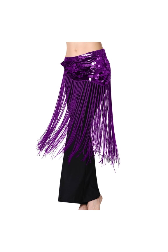 Sparkly Belly Dance Skirt Hip Scarf Womens High Fringe Hip Wrap Belt Dance Performance Mini Skirts Purple One Size