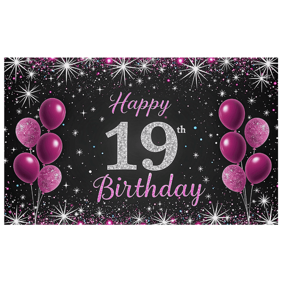 Sparkly Black Backdrop Banner with Pink Purple Balloons and Stars for 19th Happy Birthday Party Supplies Photography Props Birthday Decoration Decorations