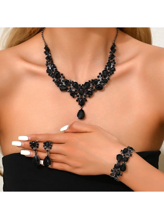 Sparkly Black Rhinestone Necklace Dangle Earrings Bracelet Set Crystal Flower Brides Bridesmaid Wedding Halloween Costume Choker Necklace Earrings Bracelet Set Accessories for Women