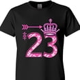 thumbnail image 1 of Sparkly Black T-Shirt with Pink Crown & Arrow Design Number 23 Front Print, 1 of 5