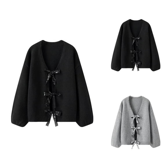 Sparkly Bow Tie Loose Knit Cardigan Sweater For Women Shimmering Sequin Design Cozy Oversized Outerwear For Casual Wear Cardigan Sweaters for Women